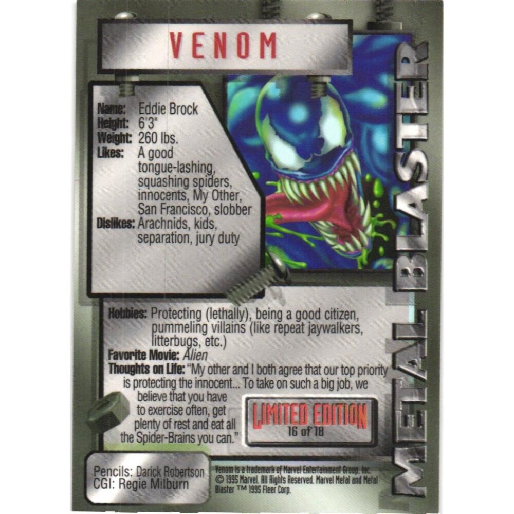 1995 Fleer Marvel Metal Blaster Card Venom Limited Edition #16 of 18 - Picture 3 of 3